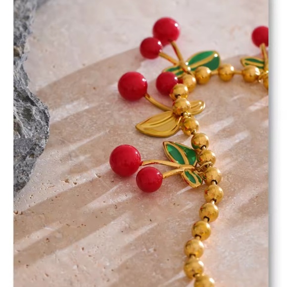 Red Cherry 18K Gold Stainless Steel Waterproof Necklace - Picture 7 of 16